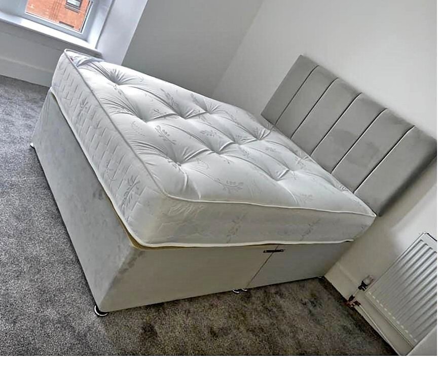 Grey double divan with panel headboard