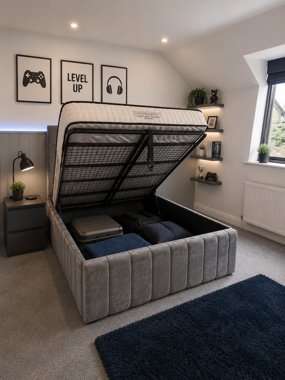 Grey upholstered ottoman with spacious storage
