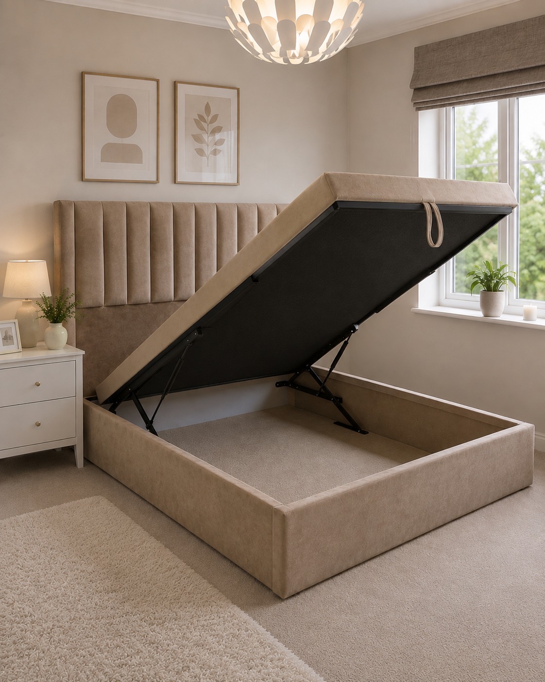 Beige upholstered ottoman storage bed