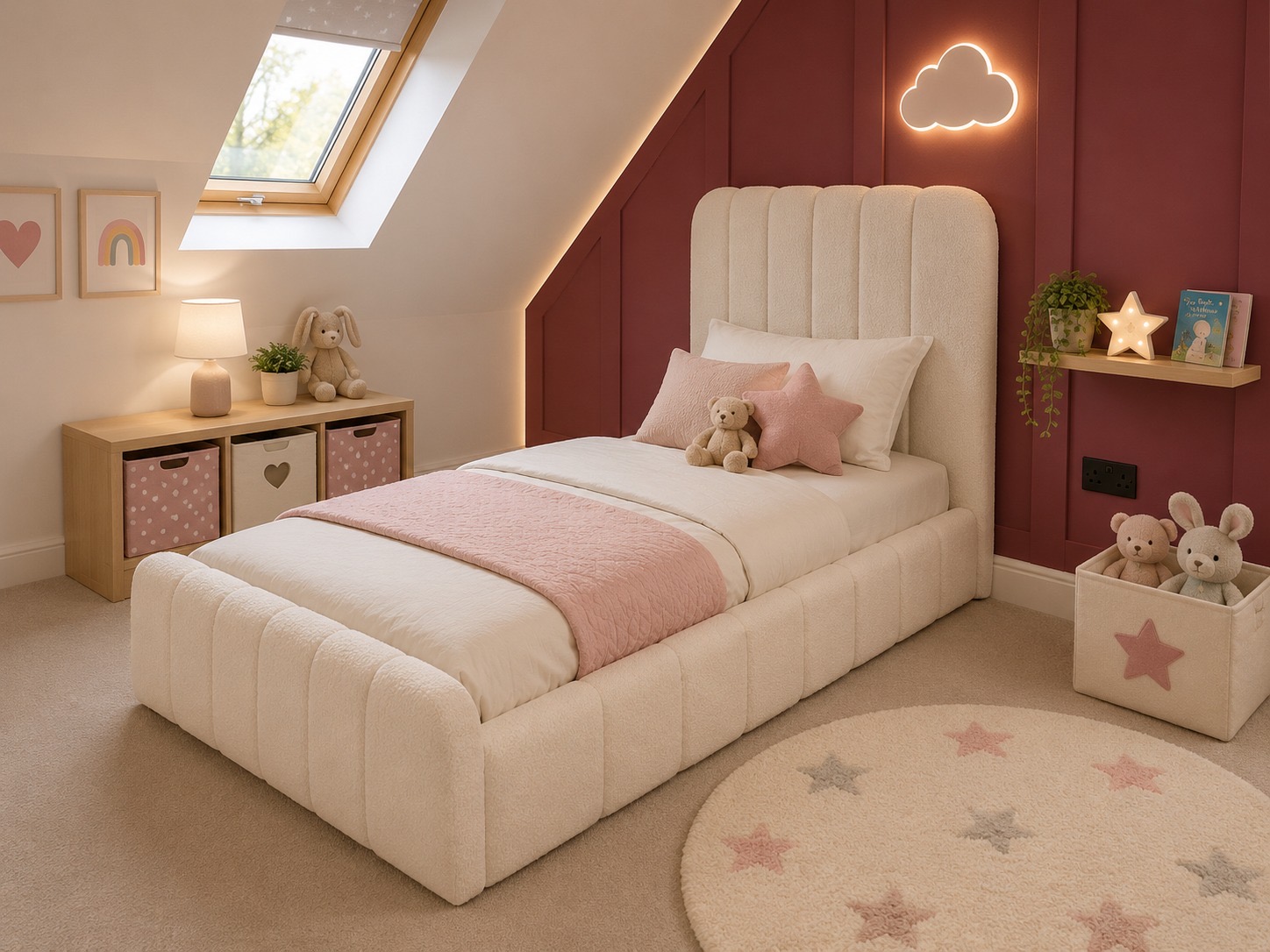 Cream teddy fabric kids bed